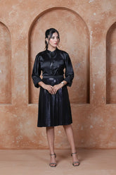 Black Satin Shirt with Purple Skirt