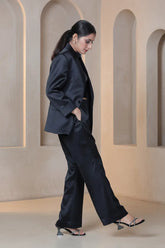 Black Satin Blazer with Trouser and Purple Tank Top